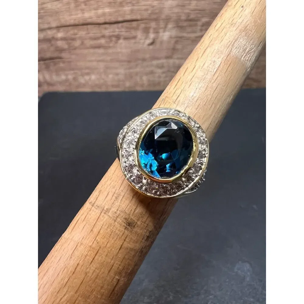 Lab blue spinel and CZ 18k rolled gold ring size 7